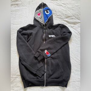 LUVWAR Black Zip-Up Hoodie with Heart Patch Accents